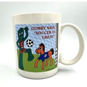 Gumby Pokey Soccer Coffee Mug Art Clokey 1983 White Vintage
